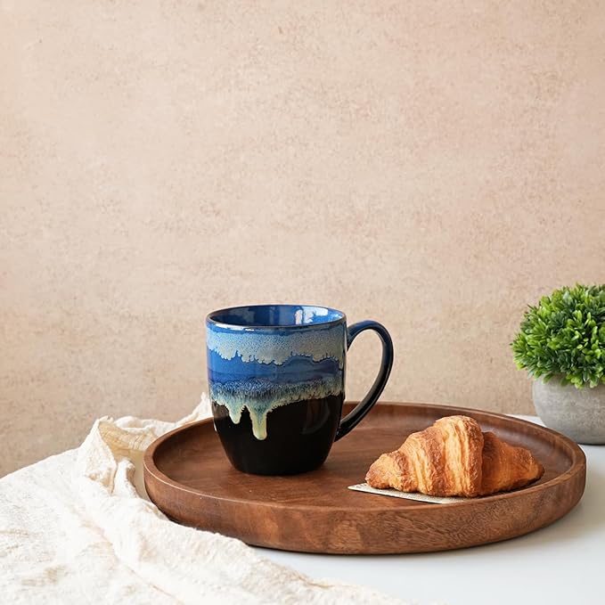 Bosmarlin Ceramic Coffee Mug Set of 4, 17 Oz, Coffee Cups with Big Handle, Microwave Safe, Unique Reactive Glaze (17 Oz, Blue)