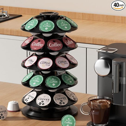 SAVORI 40 Capacity Rotating K-Cup Holder, 5-Tier Black Coffee Pod Carousel Stand, Spinning Organizer Rack for Keurig K-Cup Pods, Kitchen Counter Coffee Bar Storage