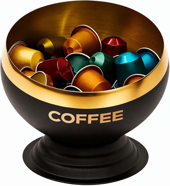 Coffee Pod Holder, Black & Gold Metal Coffee Pod Storage, Capsule Container Bowl, Coffee Pod Organizer for Kitchen Counter and Office Desktop (Black+Gold)