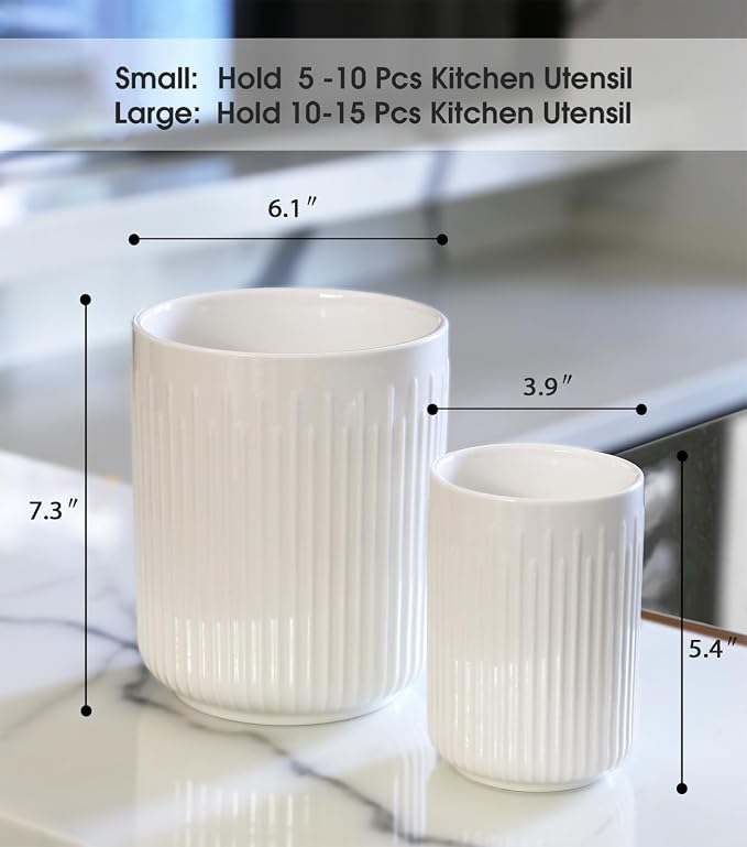 Utensil Holder, 7.3"+5.4" Ceramic Kitchen Utensil Holder for Countertop, Large Cooking Utensil Crocks for Kitchen Counter, Organizer Decor, Spatula Cutlery Holder, Set of 2, White