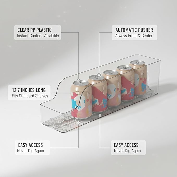 Spring-Loaded Fridge Organizer Bin, Forward-Push Storage for Pantry & Desktop, Clear Plastic Storage Box, 12.7 x 6.2 x 3.3 Inches