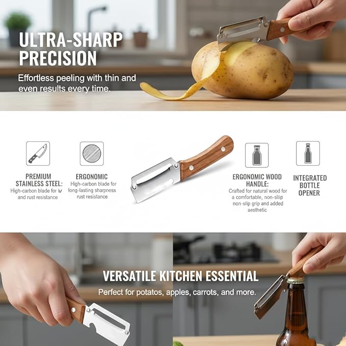 Kumocos Peeler Vegetable Peeler, Stainless Steel Multifunctional Veggie Peeler with Bottle Opener, Heavy Duty Potato Apple Kiwi Cucumber Fruit Peeler (2)