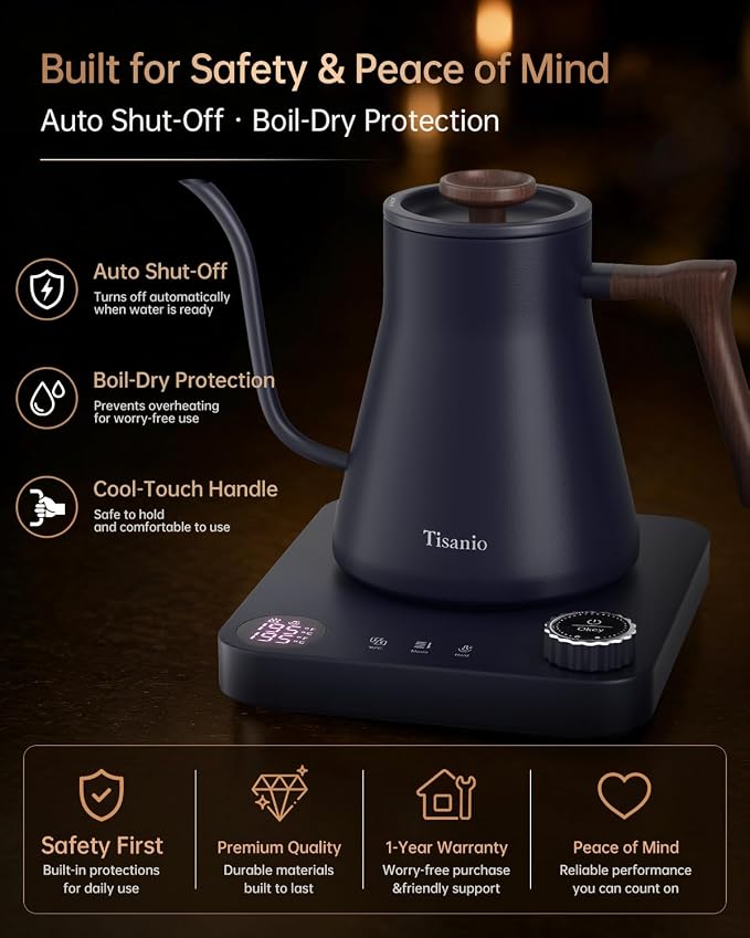 Gooseneck Electric Kettle for Pour Over Coffee, ±1°F Precision Control, Smart Two-Stage Heating, 2-Hour Keep Warm, 0.9L Stainless Steel, Blue Wood Handle