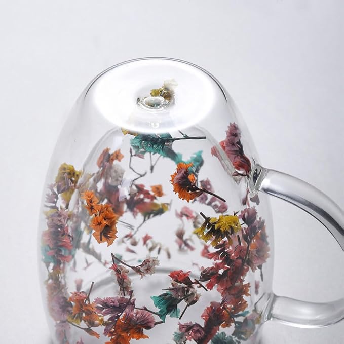 Myhiju Flower Double Wall Clear Glass Coffee Mugs Creative Clear Glass Cups with Handle Flowers Double Insulated Glass Cup for Hot Cold Beverages Cappuccino Latte, Espresso Juice Glass Coffee Cups