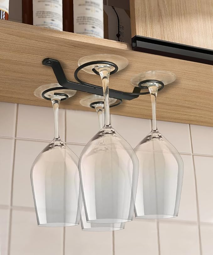 GeLive 9-inch Under Cabinet Wine Glass Holder Stemware Rack Glass Storage Hanger With 4 Hooks Organizer for Kitchen Bar RV (Black)
