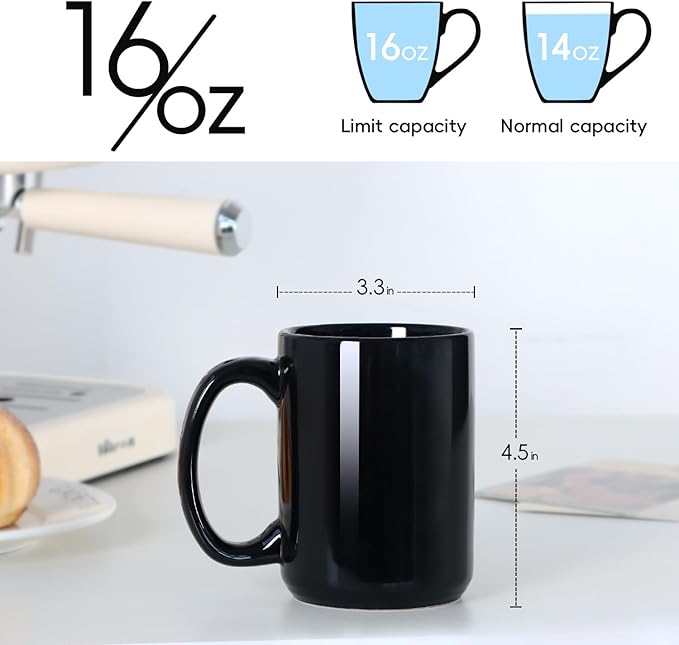 16 OZ Porcelain Coffee Mugs, Classic Blank Ceramic Cup with Large Handle for Tea Latte Cappuccino, Set of 4, Black