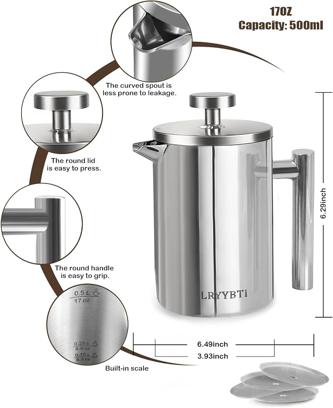 French Press Coffee Maker, Stainless Steel Coffee Press with scale lines (Silver, 17 OZ)