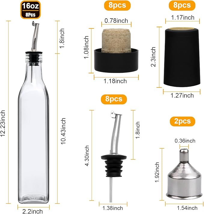 Salzesfalls 8 Pack 17oz Olive Oil Dispenser Bottle,Oil Dispenser for Kitchen, Cooking Oil Dispenser,Vinegar Cruet Bottle with Pourers
