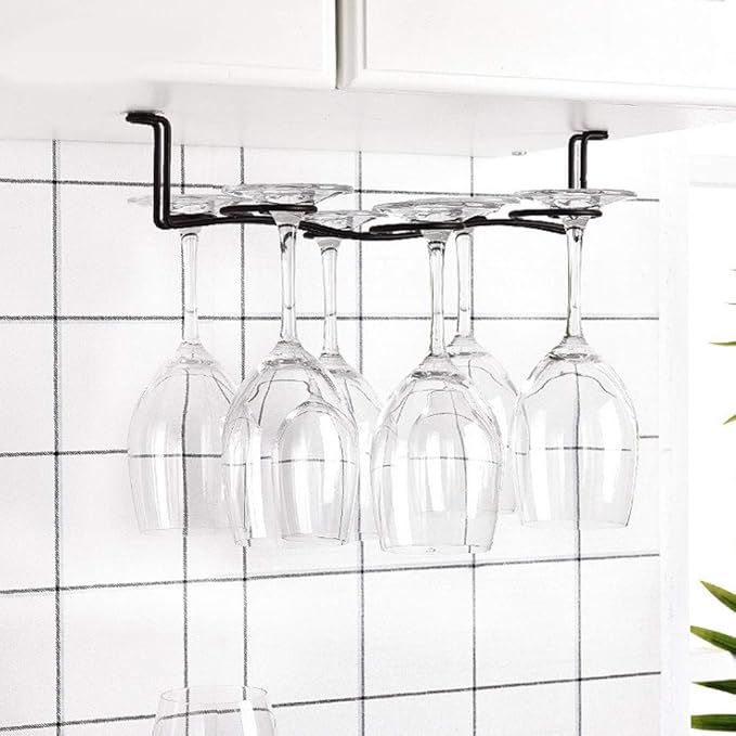 13 inch Wine Glass Rack, Under Cabinet Stemware Rack Hanger with 6 Hooks, Black Iron Wire Wine Glass Holder Metal Hanging Organizer Storage Rack for Home Kitchen Bar Cabinet