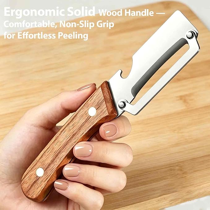 Hand Held Peeler for Vegetables & Fruits,Stainless Steel Vegetable Peeler with Non-Slip Wooden Handle,2-in-1 Kitchen Peeler & Bottle Opener for Potatoes, Apples,Carrots,for Home Kitchen & Camping (2)