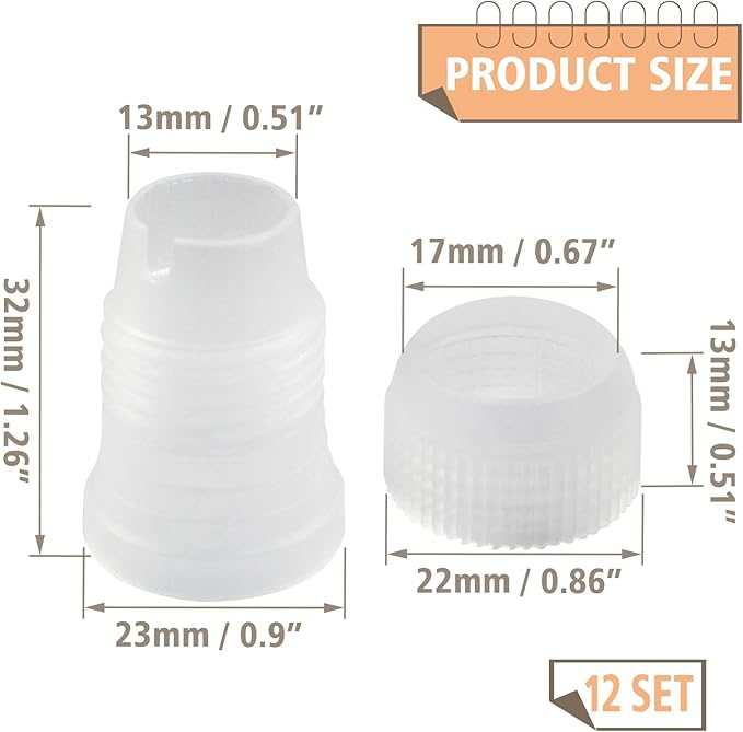 12Pcs Clear Piping Bag Couplers, Small Pipe Tip Coupler, Plastic Standard Couplers for Icing Nozzles (32 x 23mm/1.26 x 0.9 Inch)