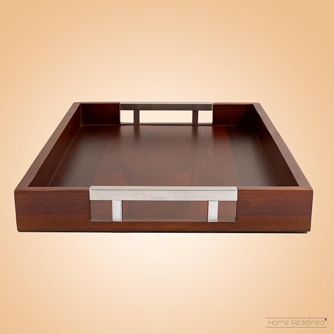 Acacia Wood Serving Tray with Silver Stainless Steel Metal Handles, 17.5x12 Food Drinks Tray for Coffee Table, Breakfast, Dinner & Bar, Decorative Storage Tray for Ottoman, Kitchen, by Home Redefined