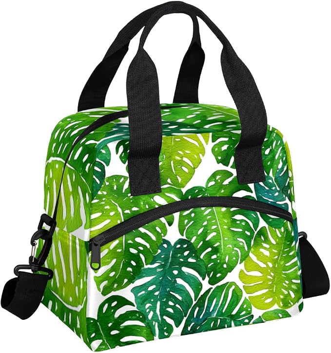 Green Palm Leaves Insulated Lunch Bag for Women Men Reusable Lunch Box Cooler Bag Large Leakproof Lunch Tote with Adjustable Shoulder Strap for Adult Work Picnic Camping Beach Office