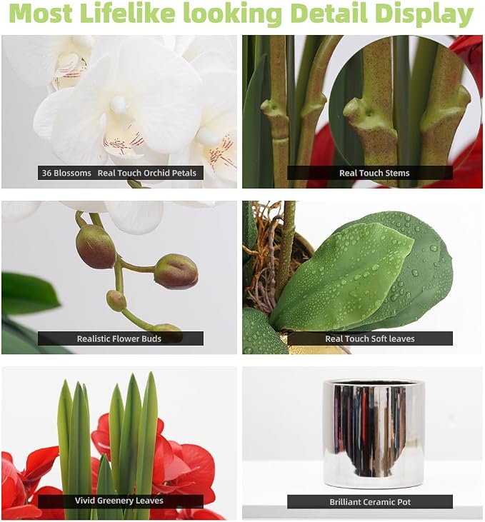 CXGS Artificial Orchid Flower Plants Real Touch Faux Orchids in Ceramic Vase 20.9'' White Phalaenopsis Orchid Fake Flower Arrangement Home Indoor Decor