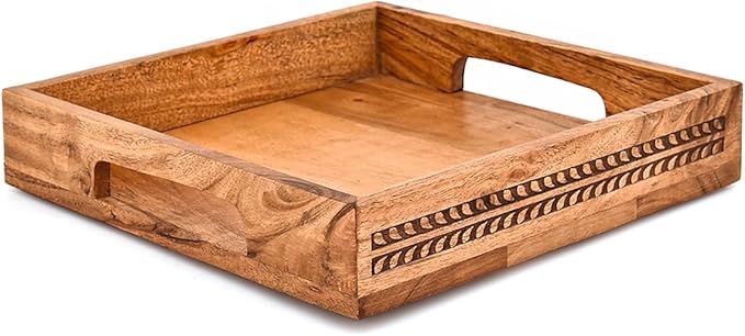 Nirman Serving Trays Acacia Wood with Engraved Design & Cutout Handles | Rustic Farmhouse Food & Drink Server (10" x 10" x 1.6")