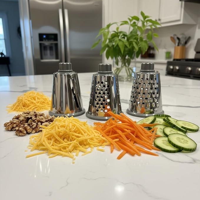 Rotary Cheese Grater | Hand Crank Grates Cheese, Vegetables, Nuts and Chocolate | 3 Stainless Steel Blades | Strong Suction Base | Easy to Clean | One Piece Body | Charcoal Gray and Teal