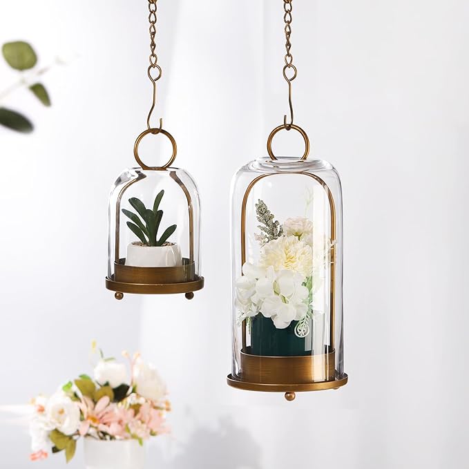 12" High Versatile Modern Metal Hurricane Lantern with Handmade Sturdy Glass Dome in Antique Brass for Pillar Candle & Plants, Industrial, Farmhouse, Shabby Chic (Brass, 5"x12")