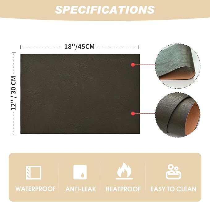 Artoid Mode Coffee Faux Leather Placemats Set of 4, 12x18 Inch Waterproof Wipeable Heat Resistant Vinyl Place Mats, Reversible Table Mats for Kitchen Dining Decor