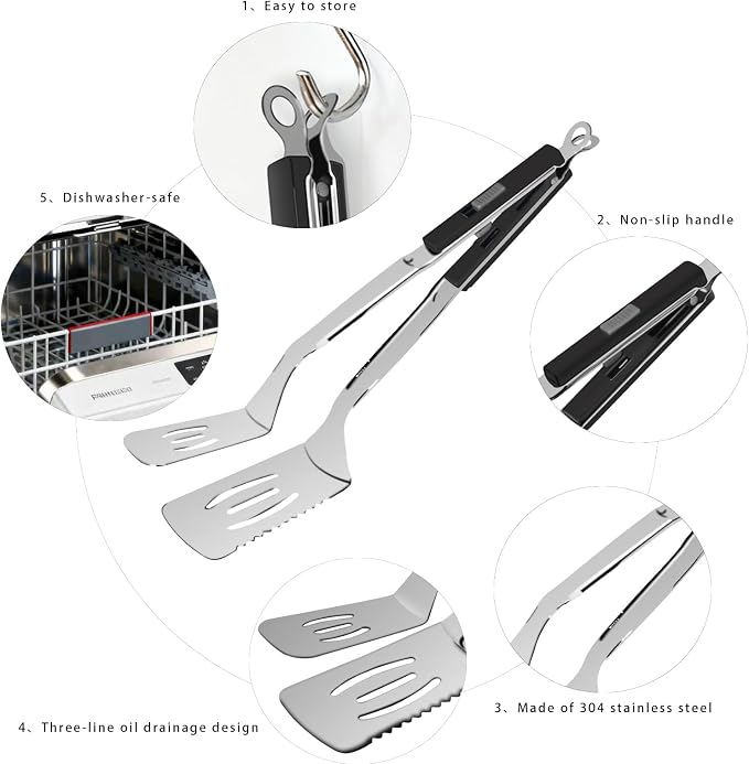 13.5-inch Stainless Steel Tongs for Cooking – Versatile Metal Spatula Tongs for Flipping, Picking Up, Cutting, and Stir-Frying Meats and Other Foods. Kitchen Tongs Durable and Multifunctional.(Black)