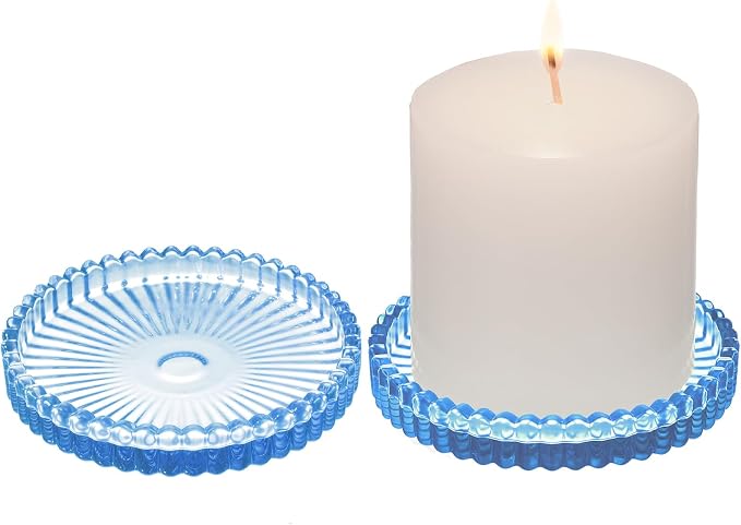 2 Pack Glass Pillar Candle Holders 4 Inch Ribbed Edge Design Decorative Candle Plate with Serrated Edges Clear Blue Display Stand for Wedding Home Decor Table Centerpieces