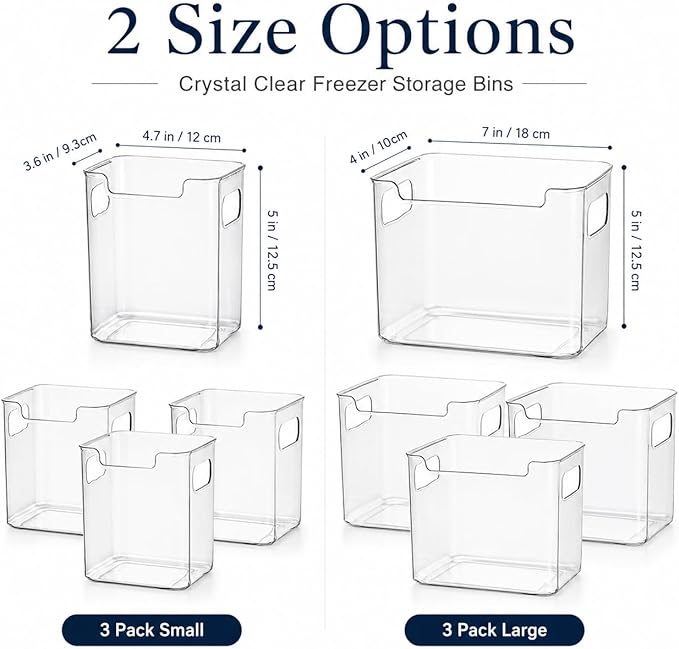 Clear Crystal Freezer Storage Bins,3 Pack Clear Plastic Organizer Freezer Bins for Refrigerator and Pantry,Stackable Kitchen Cabinet Containers with Handles (Crystal Clear, 3pcs*Large)