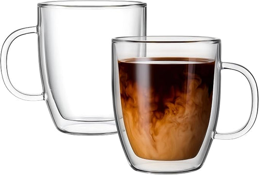 Lucco Double Walled Glass Coffee Mugs (Set of 2) - 12 oz Borosilicate Cups for Hot or Cold Drinks, Insulated Latte, Tea & Espresso Cups