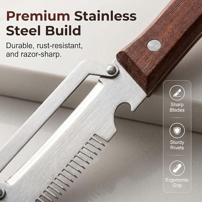 Multifunctional Vegetable Peeler,Sharp Stainless Steel Blade with Wooden Handle and Bottle Opener，2-in-1 Stainless Steel Kitchen Tool for Vegetables Fruits (2 PCS)