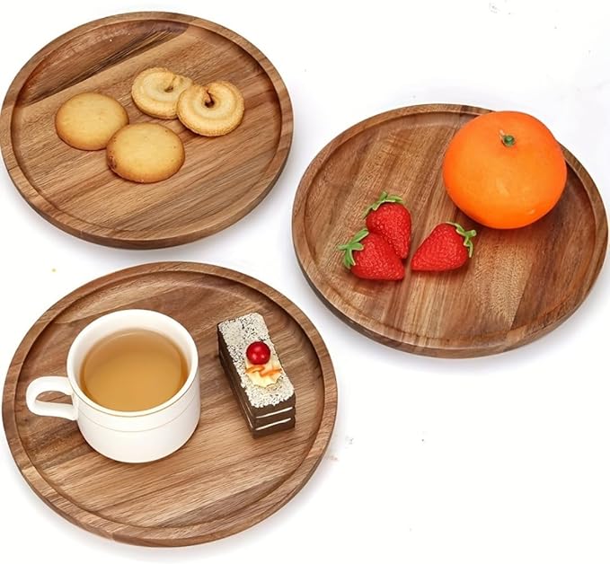 Round Wood Tray, Acacia Wooden Serving Tray, Serving Platter, Appetizer Charcuterie Board, Tray Organizer for Kitchen, Round Wood Tray for Table Centerpiece 14x 14 x 0.8 inch