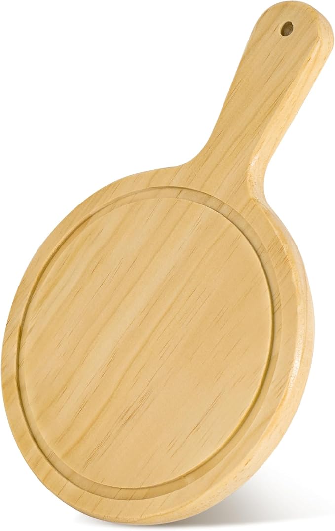 LorisArm 7" Mini Pine Wood Cutting Board with Handle, Small Serving board Wooden Round Pizza Peel Paddle for Homemade Baking Pizza Bread Cake Fruit Vegetables.