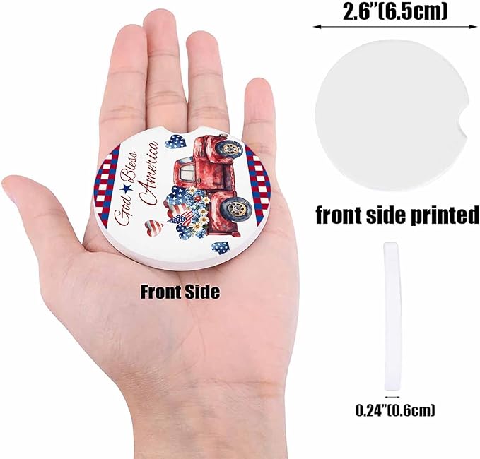 4th of July Car Drinks Coasters Red Truck Flowers Heart Red White and Blue Plaid Check Round Coaster Car Accessories with Absorbent Ceramic Stone Finger Notch for Easy Removal (Set of 6 Pack)