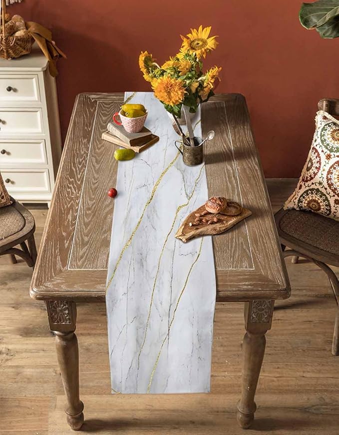 Marble White Gold Table Runner 90 Inch Long Dresser Scarves Modern Abstract Marble Cotton Linen Tablerunners Farmhouse Rustic Dining Kitchen Burlap Table Setting Decor for Party Holiday Home, 13"x90"