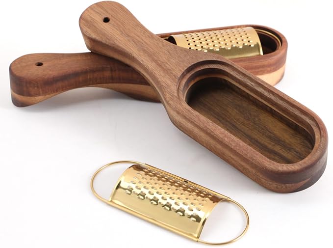 Box Cheese Grater With Container - Stainless Steel Parmesan Cheese Grater With Wood Handle Shredder Zester Grater Box Kitchen Handheld Cheese Spoon Grater-Titanium Gold Colour