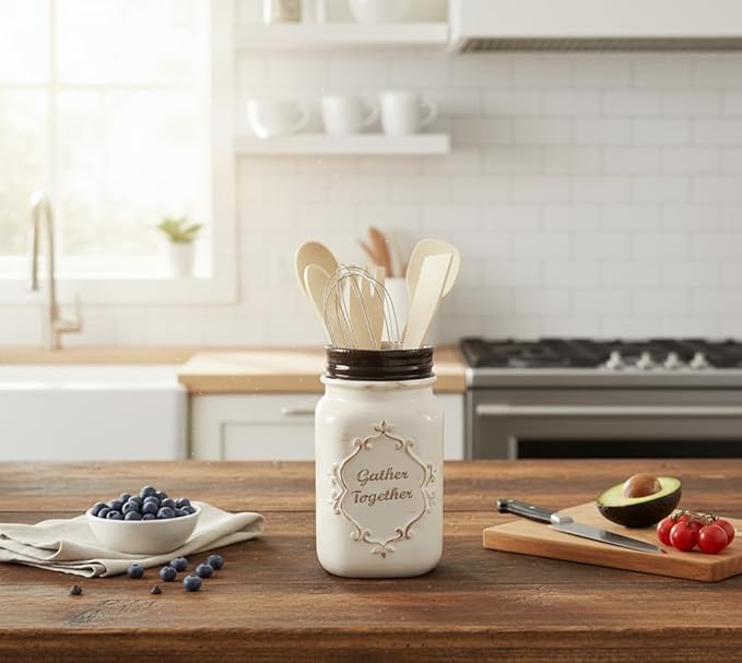 Young's Inc Farmhouse Ceramic Kitchen Tool Holder with Wooden Utensils, Decorative Gather Together Mason Jar Organizer for Kitchen Tools,10.5"