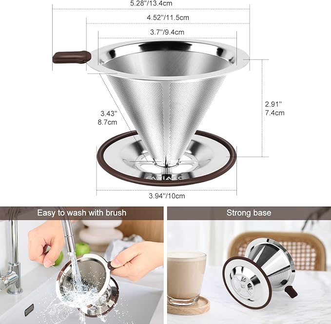 FACIACC Pour Over Coffee Dripper, Professional Stainless Steel Coffee Filter, Paperless and Reusable, Upgraded Double Micro Mesh Filter with Spoon and Silicone Tray, Cleaning Brush (1-2 Cup)