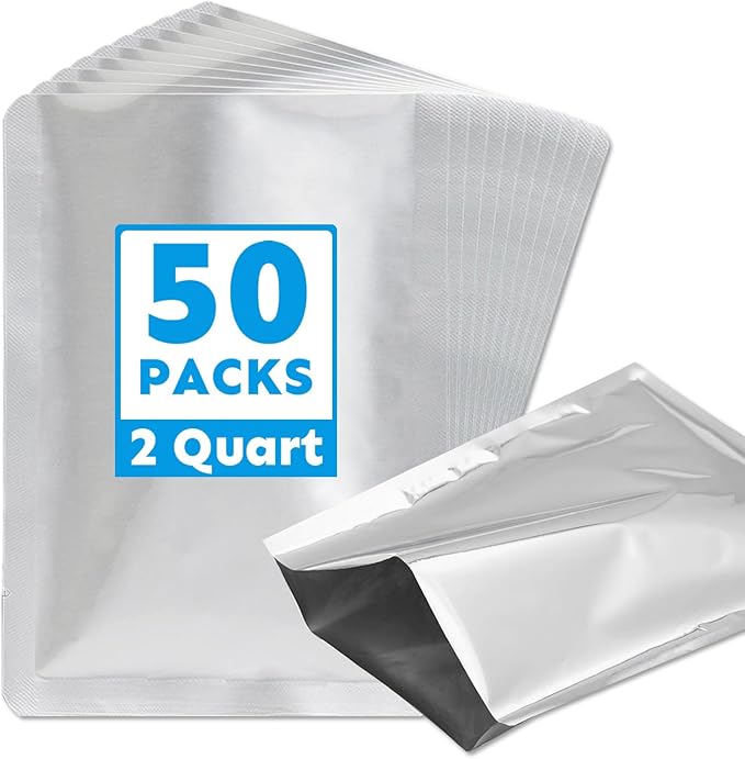 50 PCS 2 Quart Mylar Bags for Food Storage,8" x 12" Resealable Heat Seal Flat Pouches for Long Term Food Storage,Dried Food,Coffee Beans,Tea,Grains,BPA Free(No Zipper,Flat Bottom)