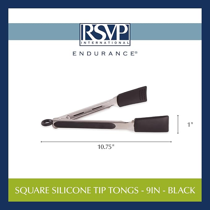 RSVP International Endurance Kitchen Utensil Collection Stainless Steel Locking Tongs for Cooking, 10.75" Length, Square Tip, Black Non-Slip Silicone