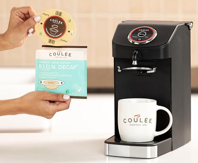 Coulée EcoPour B.I.O.N. Coffee, All Paper Single Serve Pour Over Decaffeinated Coffee, for Camping or Traveling, Pre Filled Compostable, All Paper Filters, Ready to Brew with Hot Water, Plastic Free, 10 Pack