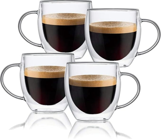Espresso Cups Set Of 2, Double Walled Glass Coffee Mugs with Handle,Insulated Layer Coffee Cups,Clear Borosilicate Glass Mugs,Perfect for Cappuccino,Tea,Latte,Espresso (8oz-4Pack)