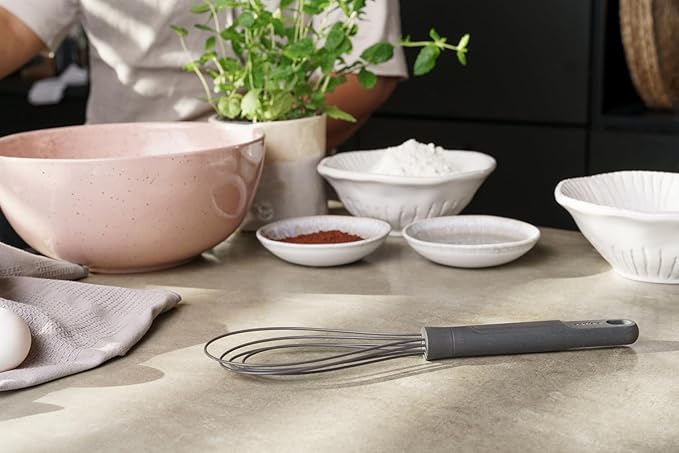 Zyliss Flat Whisk, Sustainable Wheatstraw/Nylon, Cooking Whisk forr Cooking and Serving with Heat Resistant Silicone Head, Beluga Grey, 11.9" x 2.8", Dishwasher Safe, 5 Year Guarantee