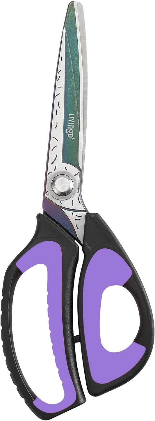 LIVINGO Heavy Duty Industrial Scissors: 10" Utility Stainless Steel Scissors all Purpose Premium Titanium Coating Forged Shop Shears for Household Pruning, Gardening, Construction, Black & Purple