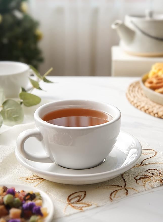 LE TAUCI 8 oz Cappuccino Cups with Saucers, Set of 4 Large Ceramic Coffee Cup Set for Latte, Au Lait, Flat White, Mocha, Tea Cup Set, Dishwasher Safe, Embossed Coffee Cups, White