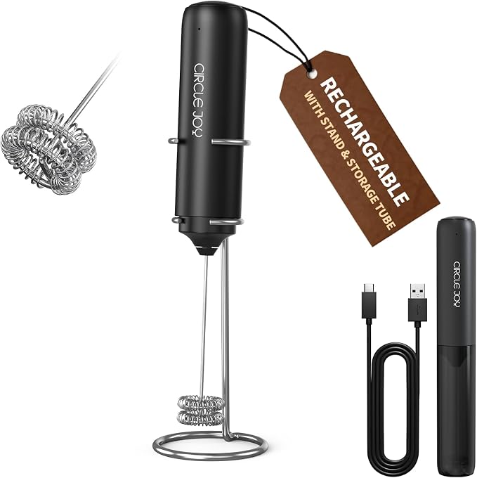 CIRCLE JOY Rechargeable Milk Frother Hanheld with Stand, Dual Coil Whisk Head Electric Coffee Frother, Portable Hand Frother Wand Drink Mixer for Matcha Lattes Cappuccino, Kitchen Gifts, Black