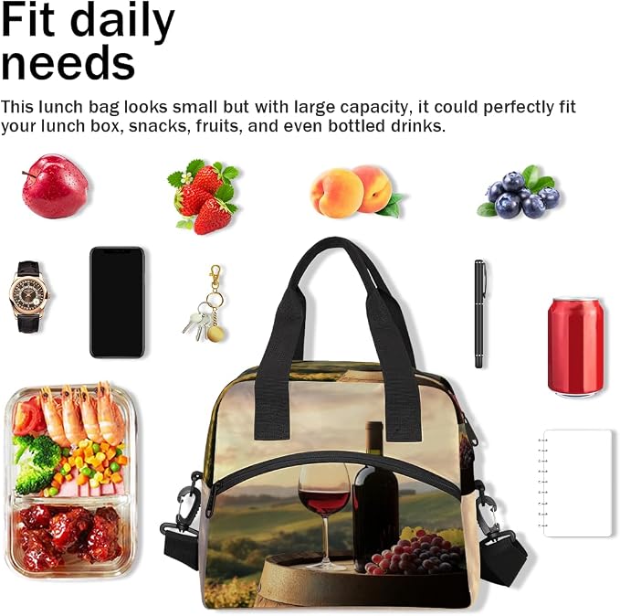 Wine Field Pattern Insulated Lunch Bag for Women Men Reusable Lunch Box Cooler Bag Large Leakproof Lunch Tote with Adjustable Shoulder Strap for Adult Work Picnic Camping Beach Office