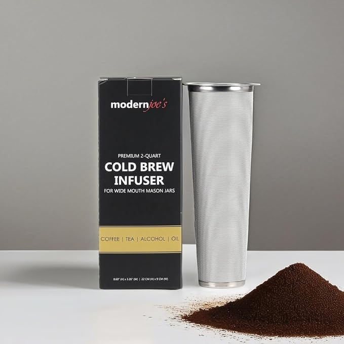 MODERNJOE'S Premium Cold Brew Coffee Filter for 2 Quart Wide Mouth Mason Jars. Cold Brew Coffee Maker. Perfect for Iced Coffee and Tea. 50 Micron EXTRA Fine Mesh 304 Stainless Steel