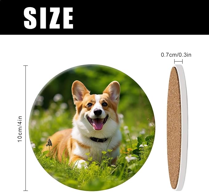 Welsh Corgi on Green Grass Colorful Set of 4 Ceramic Coasters with Holder,Absorbent Drink Bar Coasters,Table Coasters