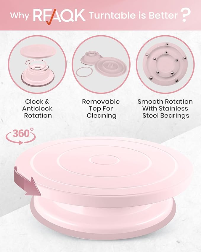 RFAQK 90PCs Cake Decorating Kit with Leveler, Baking Supplies Gift Includes Cake Stand Turntable, 24 Numbered Icing Tips, 55+1 Piping Bags, 2 Frosting Spatulas, 3 Scrappers, Video Course & Booklet