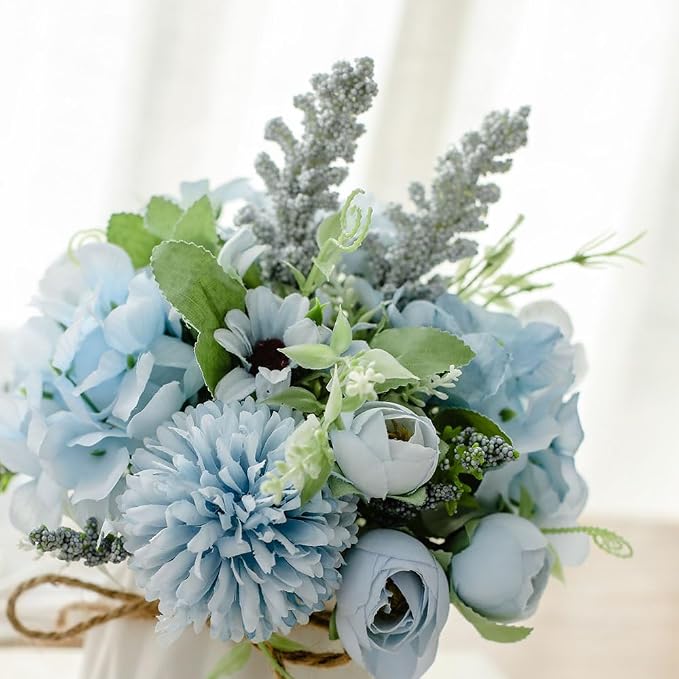 TKAS Artificial Faux Silk Fake Flowers Arrangement, Small Realistic Roses & Hydrangea in Ceramic Vase, Dining Table Centerpiece for Wedding Party Home Decoration (Blue)
