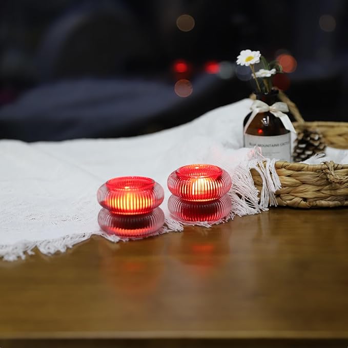 Woho Ribbed Glass Votive Candle Holders Set of 6, Red Tealight Candle Holder for Wedding Table Decor, Vintage Tea Lights Candle Holder for Christmas/Valentines Day Decorations (Red, 2.1" H X 2.75" D)