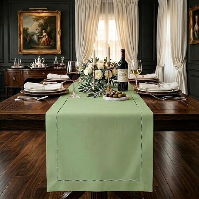 Signature Linen™ by D'Moksha Sage Green Table Runner 120 Inches Long, 100% Pure Linen, Hemstitch, 14 x 120 Inch Table Runner for Dresser, Dining- Summer, Father's Day
