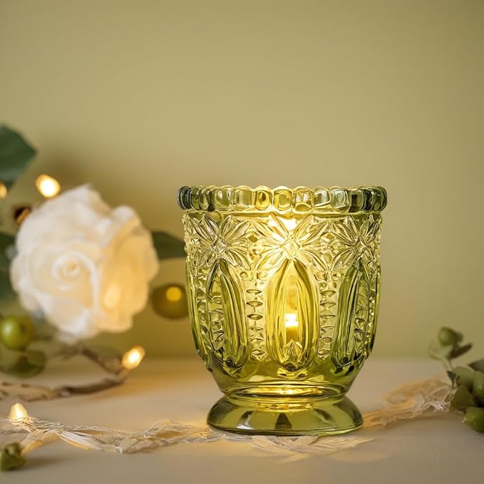 Koyal Wholesale Vintage Glass Candle Holder (Pack of 6), 3 x 2.75 (Olive Green)